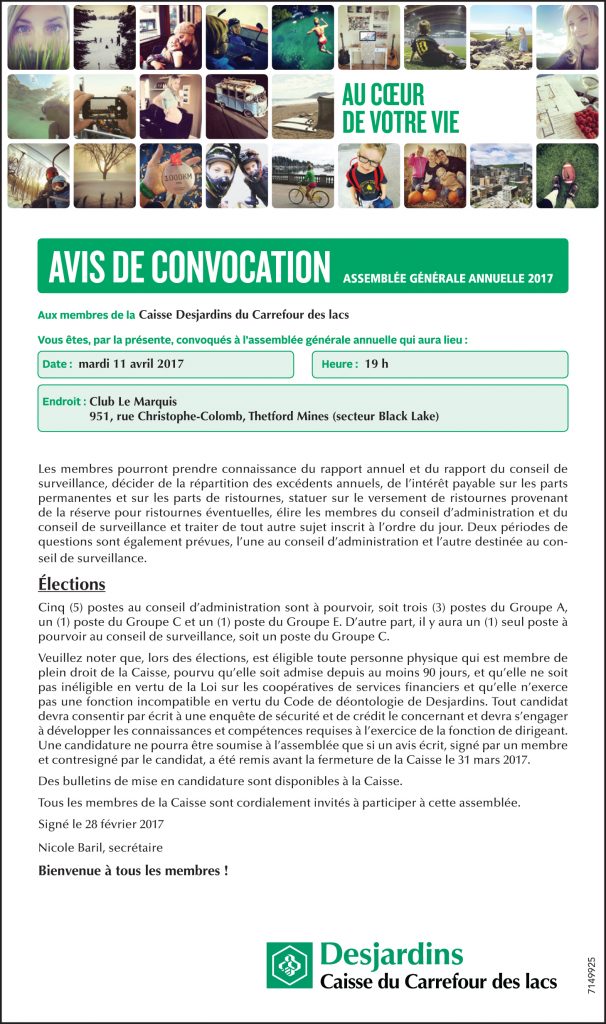 Avis convocation AGA Carrefour des lacs